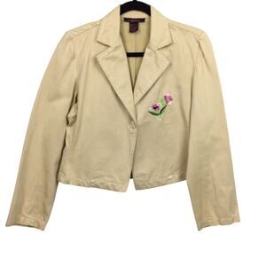 Pink Collection Cottagecore Floral Embroidered Cropped Beige Denim Jacket Size L
